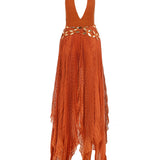Halter Neck Pleated Chiffon Asymmetrical Maxi Dress with Gold Embroidery