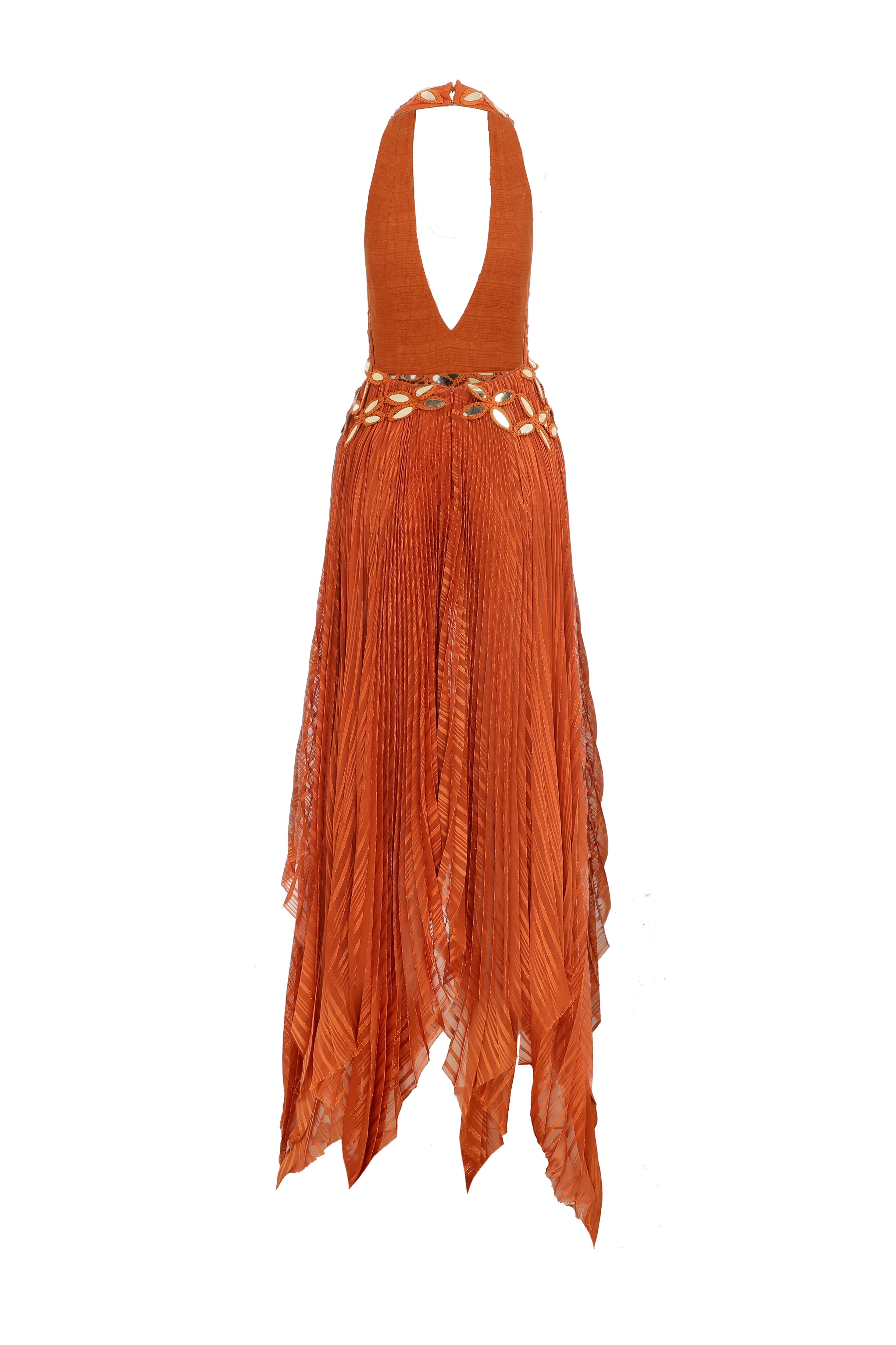 Halter Neck Pleated Chiffon Asymmetrical Maxi Dress with Gold Embroide RAISA VANESSA INT Halter Neck Pleated Chiffon Asymmetrical Maxi Dress with Gold Embroide RAISA VANESSA INT