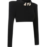 Knitted Black Long Sleeve Crop Top with Crystal Stone Detail